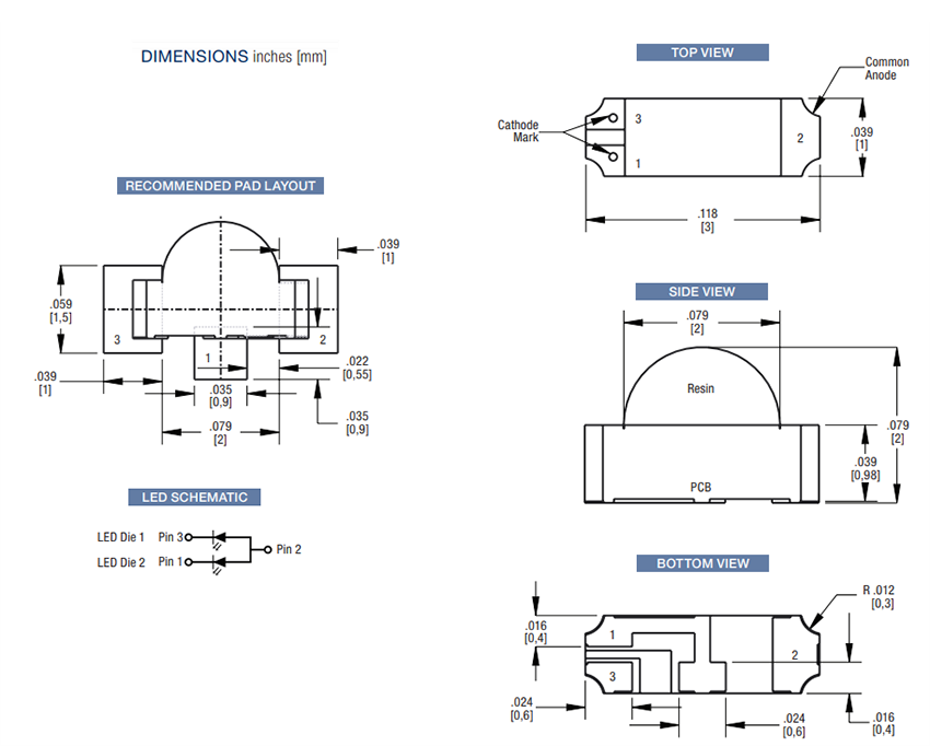 Mechanical Drawing - Dialight 599 MicroLED® Bi-Color Right-Angle 1208 SMD LEDs